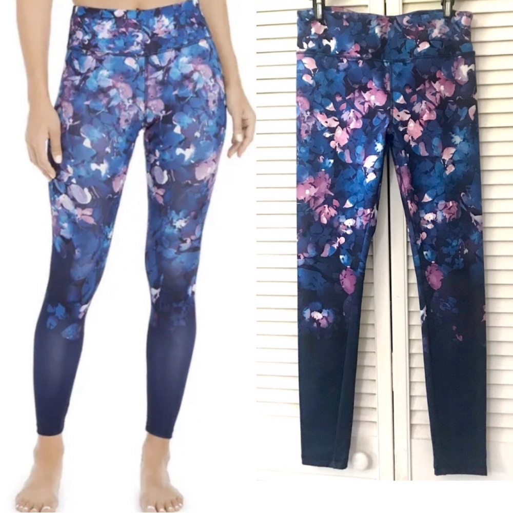 Jockey Womens Ombre Floral Leggings Medium Navy Blue Purple Gym Workout Athletic